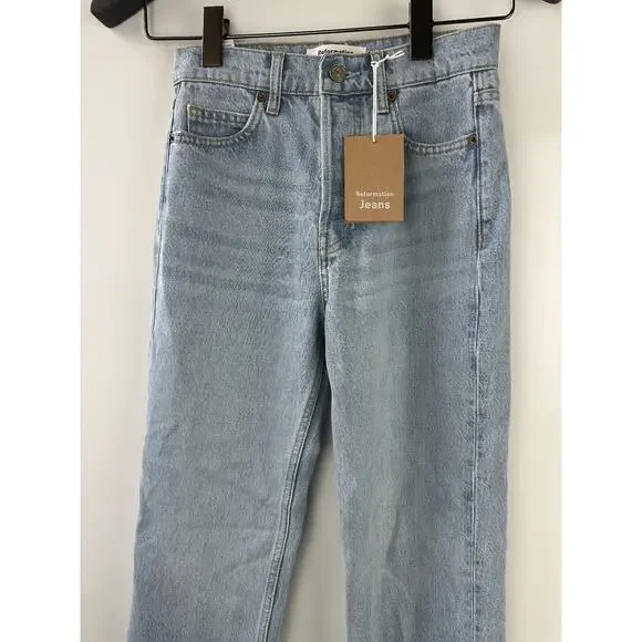 NWT Reformation Jeans Cynthia High Rise Straight Jeans Tahoe Light Wash Blue 23 - Picture 2 of 10